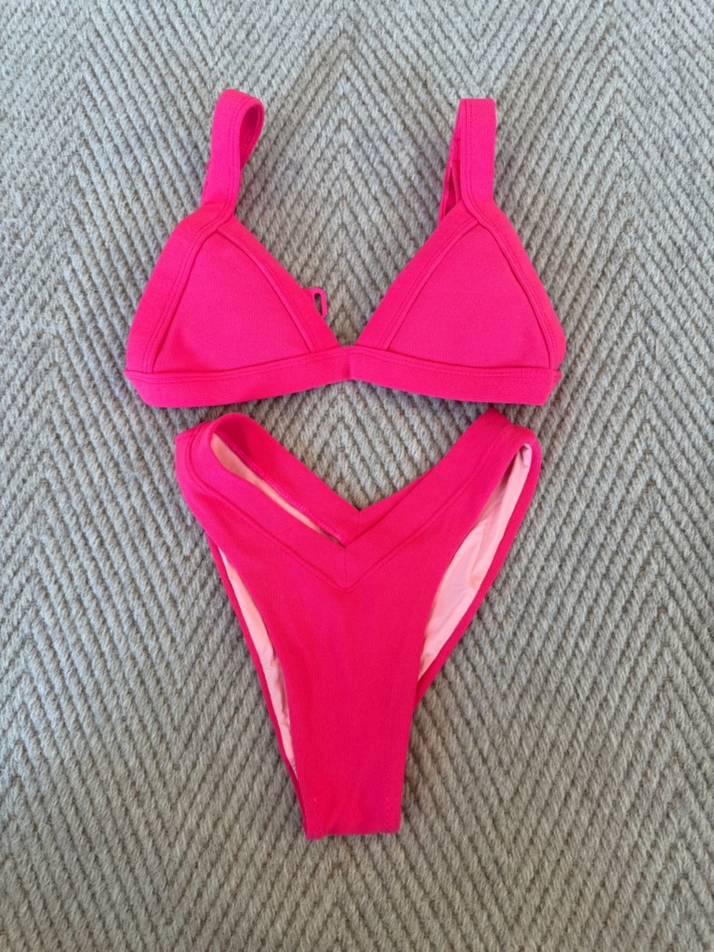 Hot Pink Ribbed V‑Front Bikini Set - Women Swim Bikinis